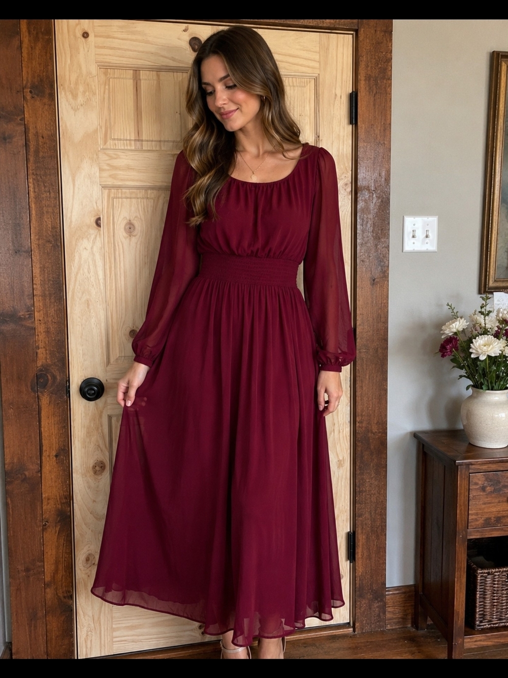 Elegant Burgundy Long-Sleeve Midi Dress
